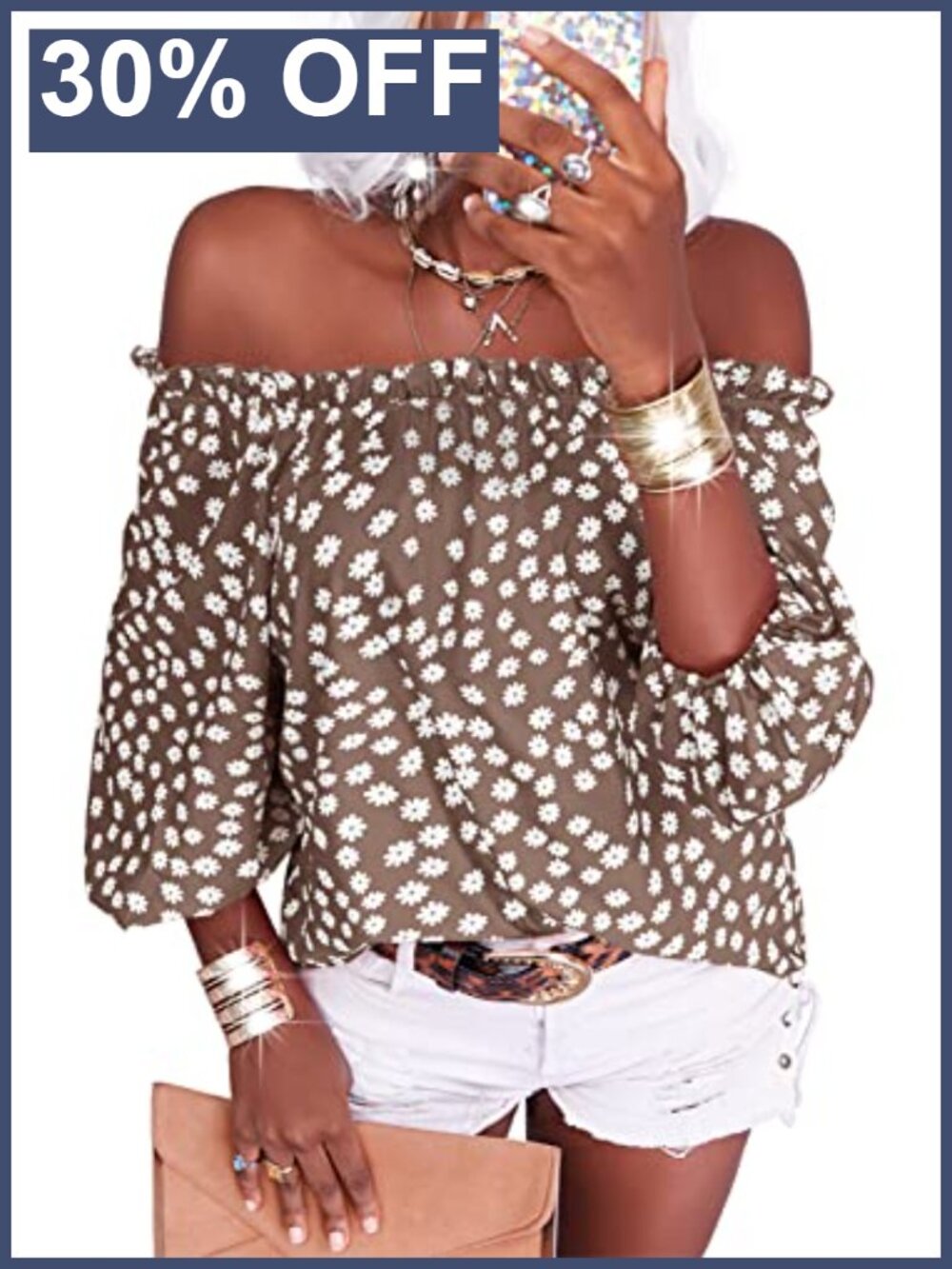Off Shoulder Floral 3/4 Sleeve Chiffon Blouse